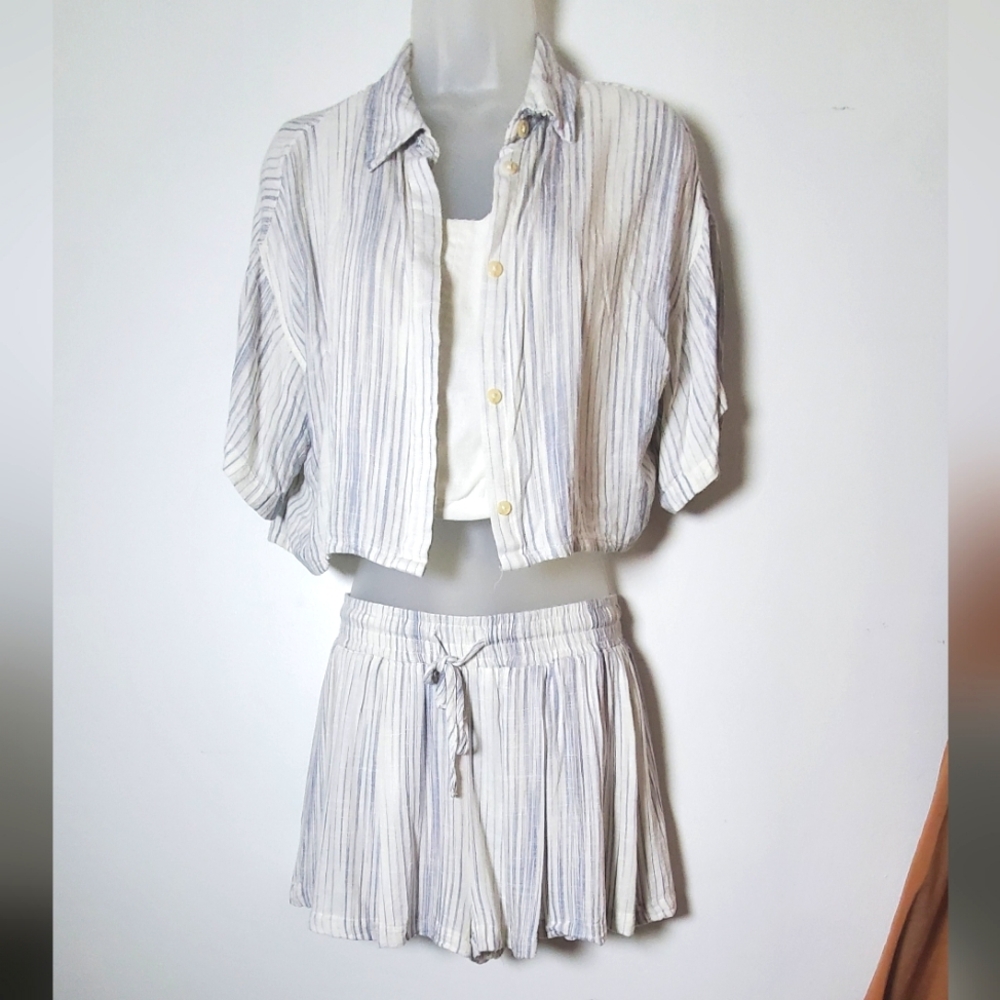 Thread & Supply 2 Piece High Waist Striped Cream Shorts Set